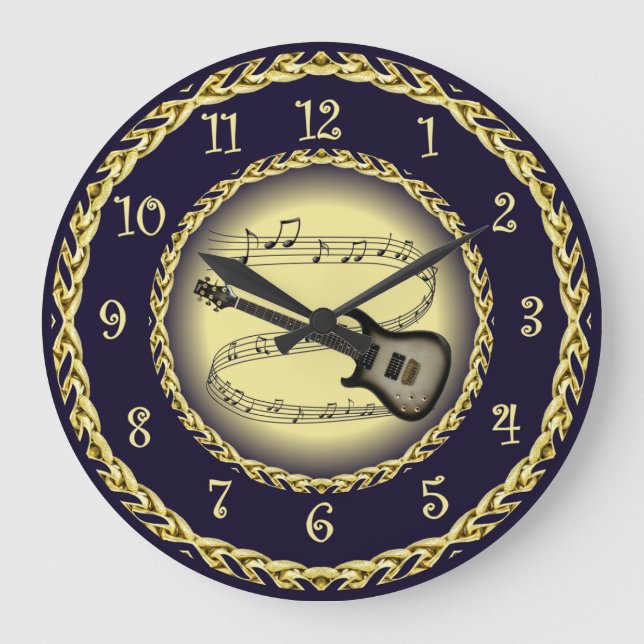 Electric Guitar 02 ~ Musical Scroll/Gold/Navy/Blue Large Clock (Front)