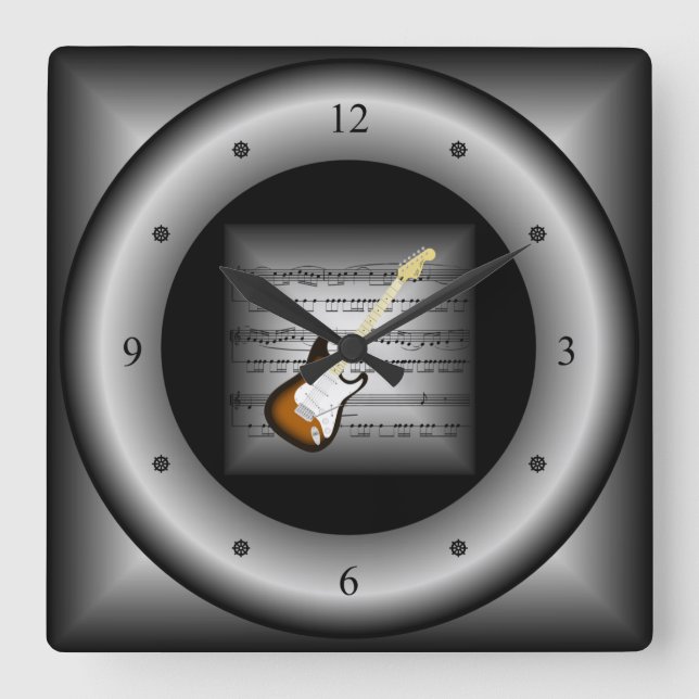 Electric Guitar ~ 3D Sheet Music ~ Pillow Silver ~ Square Wall Clock (Front)