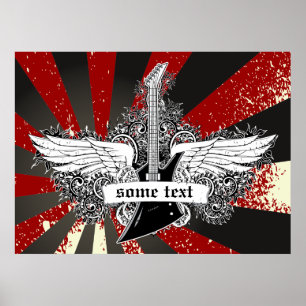 Electric guitar and wings black white red poster
