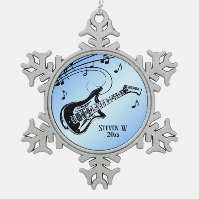 Electric Guitar Blue Personal Name and Date Snowflake Pewter Christmas Ornament (Front)