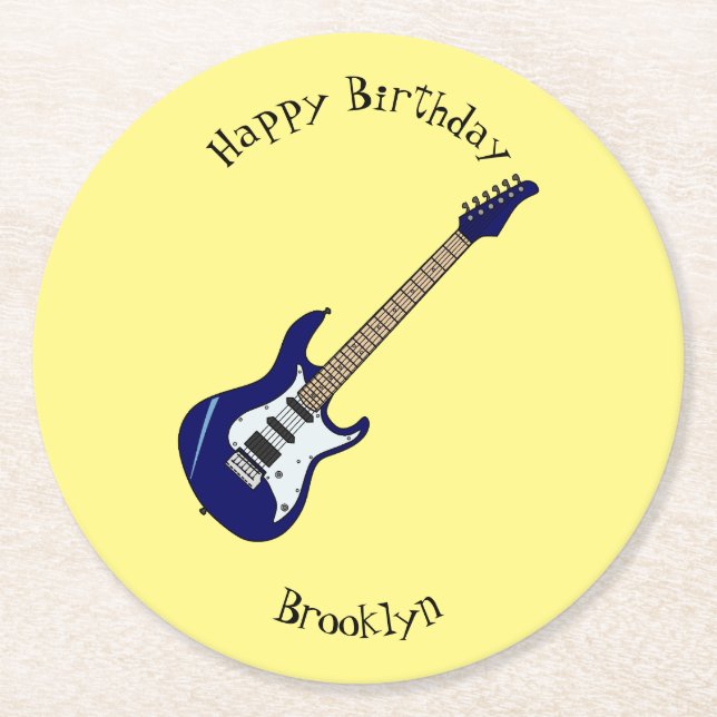 Electric guitar cartoon illustration round paper coaster (Front)