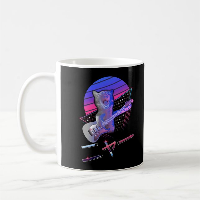 Electric Guitar Cat Vaporwave 80s 90s Music Lover Coffee Mug (Left)