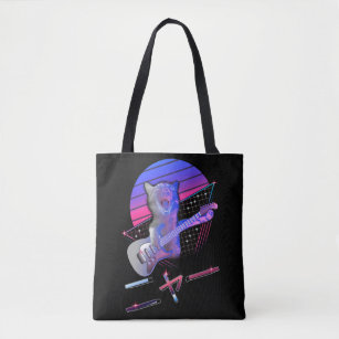 Electric Guitar Cat Vaporwave 80s 90s Music Lover Tote Bag