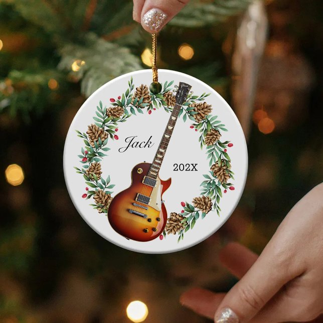 Electric Guitar Christmas Wreath Pine Cones Music Ceramic Ornament (Creator Uploaded)