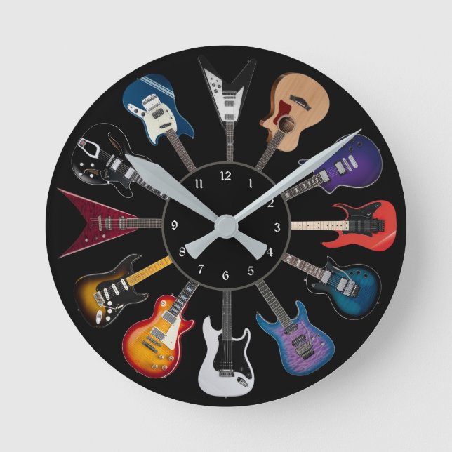 Electric Guitar Circle Black Round Clock (Front)