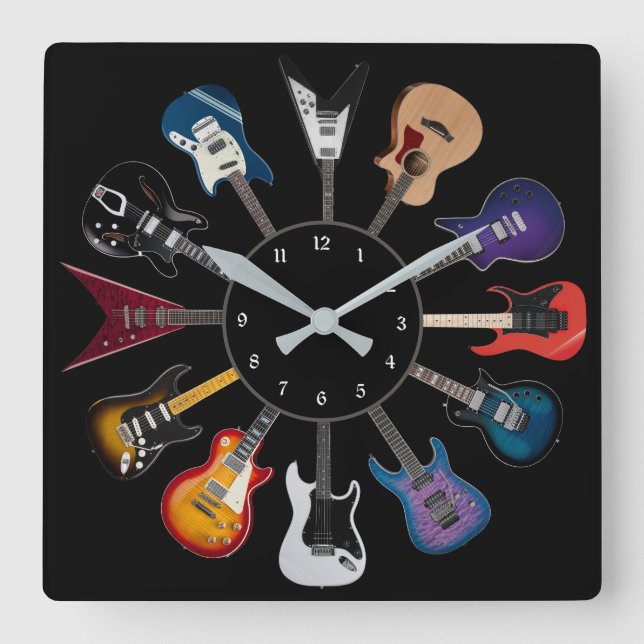 Electric Guitar Circle Black Square Wall Clock (Front)
