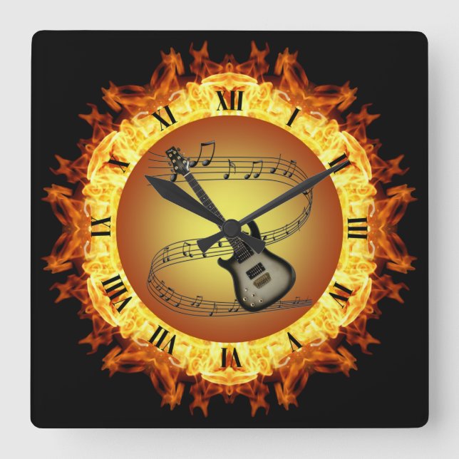 Electric Guitar~Fire Creation #3~From The Crucible Square Wall Clock (Front)