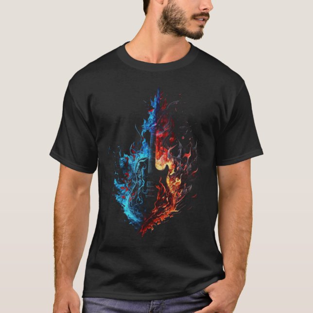 Electric Guitar Flames Guitarist Musician Retro Gu T-Shirt (Front)