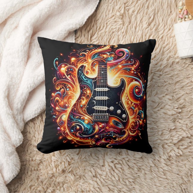 Electric guitar ignites in a blaze of colours cushion (Blanket)