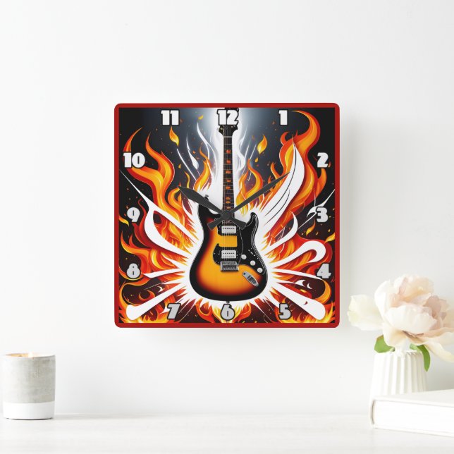 Electric guitar ignites in a blaze of colours square wall clock (Home)