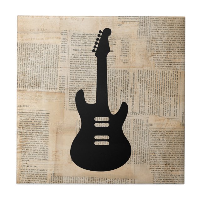 Electric Guitar Music Art with Newspaper Text Ceramic Tile (Front)