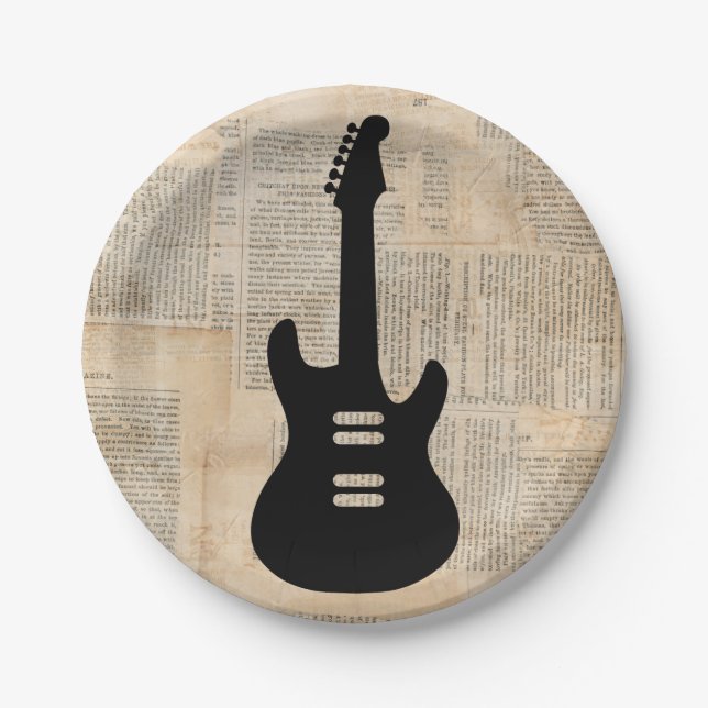 Electric Guitar Music Art with Newspaper Text Paper Plate (Front)