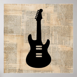 Electric Guitar Music Art with Newspaper Text Poster