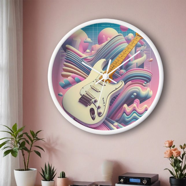 Electric Guitar Music Pastel Pink Y2K Vaporwave Clock (Pastel vaporwave aesthetic electric guitar clock)