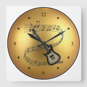 Electric Guitar ~ Musical Scroll ~ Golden Globe ~ Square Wall Clock