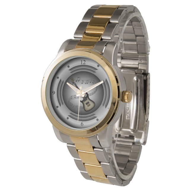 Electric Guitar ~ Musical Scroll ~ Silver Speaker Watch (Angled)