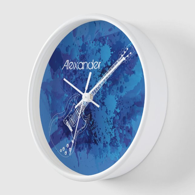 Electric Guitar Outline Blue Paint Splats Wall Clock (Angle)