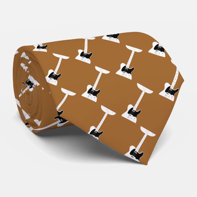 Electric Guitar Pattern on Light Brown Tie (Rolled)