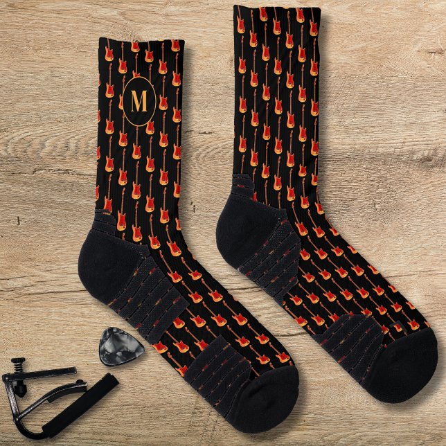 Electric guitar pattern personalised socks (Fire electric guitar pattern custom monogram black socks for guitarists musicians and music lovers )