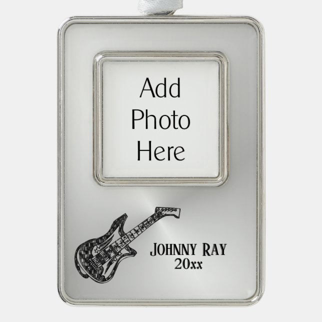 Electric Guitar Personal Photo Name Year Silver Plated Framed Ornament (Front)