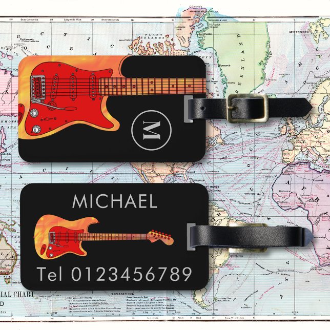 electric guitar personalised luggage tag (Fire electric guitar black personalized monogram travel luggage tag)
