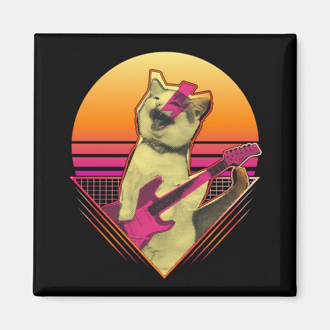 Electric Guitar playing Cat Meow 80s 90s Vaporwave Magnet (Front)