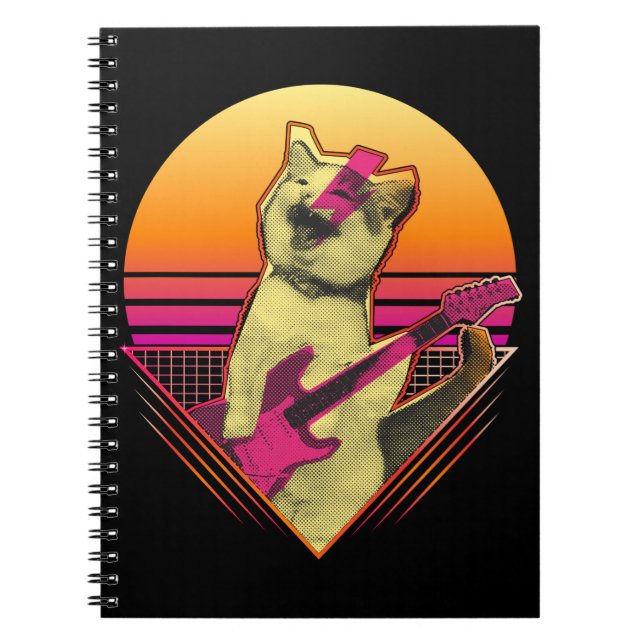 Electric Guitar playing Cat Meow 80s 90s Vaporwave Notebook (Front)