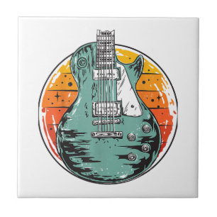 Electric Guitar Retro Sunset Vintage Music Band Gu Ceramic Tile