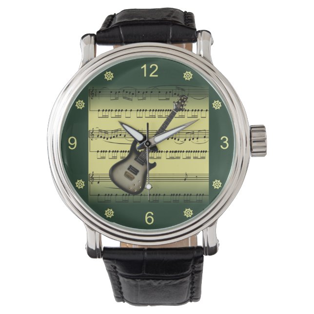 Electric Guitar~Rolled Sheet Music~Gold/Green Back Watch (Front)