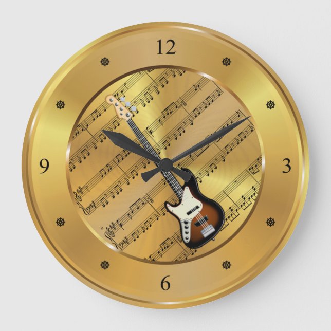 Electric Guitar ~ Sheet Music ~ Gold Background ~ Large Clock (Front)