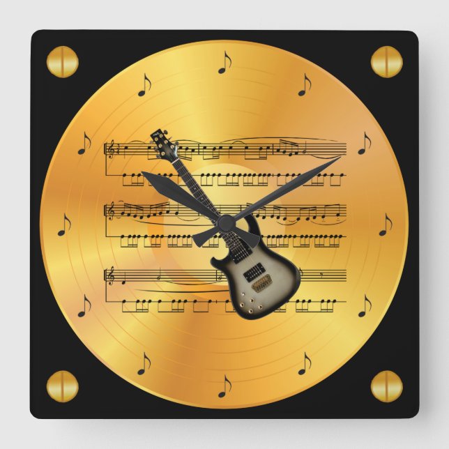 Electric Guitar ~ Sheet Music ~ Gold Record ~ Square Wall Clock (Front)