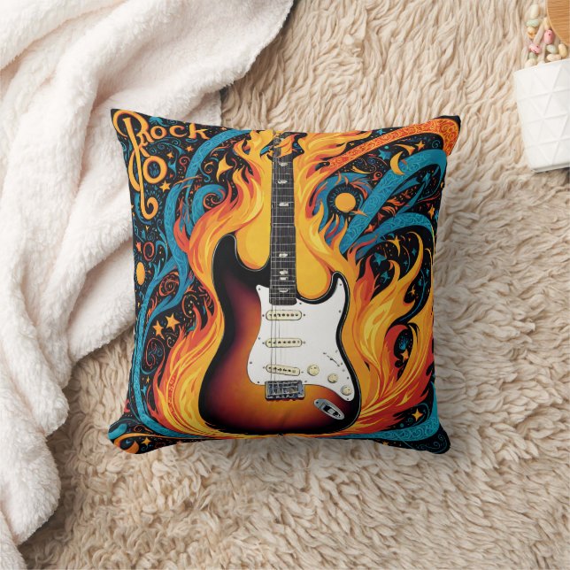 Electric guitar surrounded by vibrant flames cushion (Blanket)
