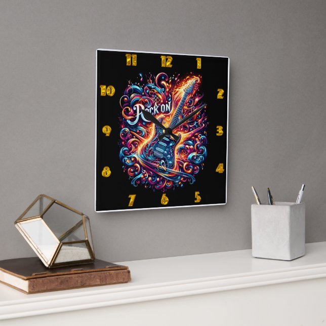 Electric guitar with vibrant swirls square wall clock (Office)