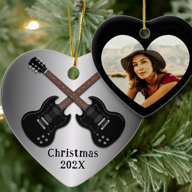 Electric Guitars Christmas Photo Heart Ceramic Ornament (Creator Uploaded)