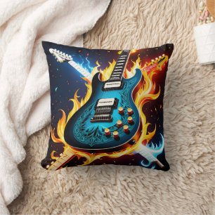 Electric guitars in a fiery musical explosion cushion