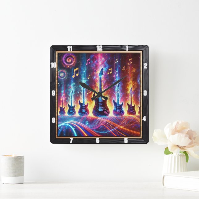Electric Guitars Surrounded by Neon Music Notes Square Wall Clock (Home)