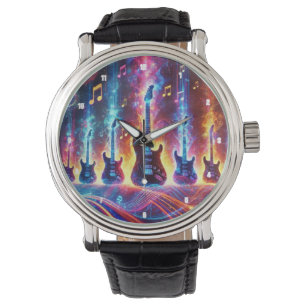 Electric Guitars Surrounded by Neon Music Notes Watch