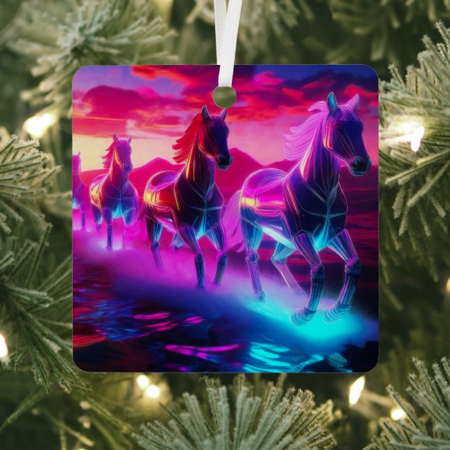Electric Herd - Synthwave Horses Metal Tree Decoration (Insitu)