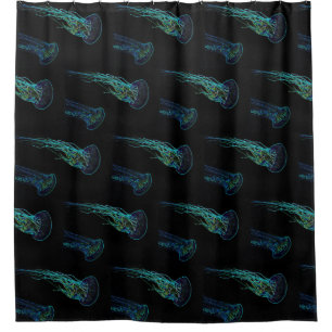 Electric jellyfish black and teal blue green. shower curtain
