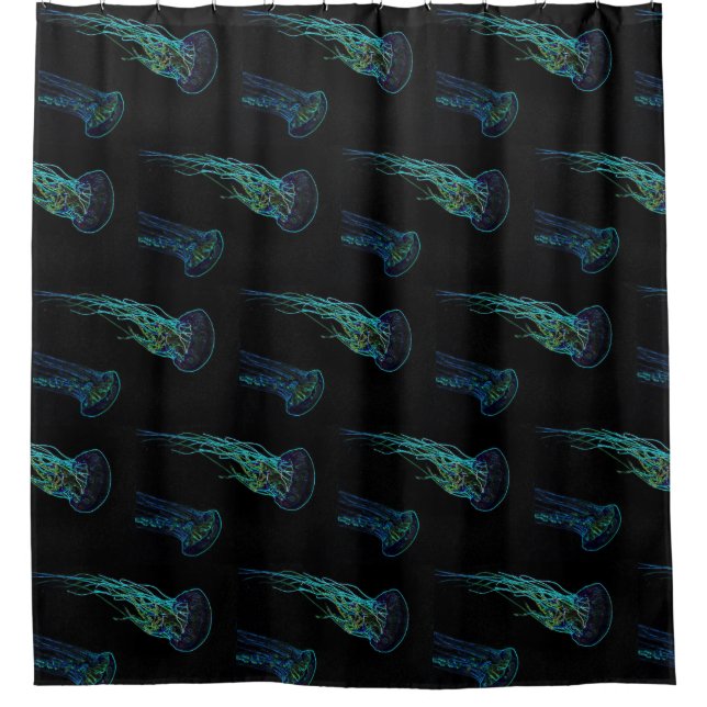 Electric jellyfish black and teal blue green. shower curtain (Front)