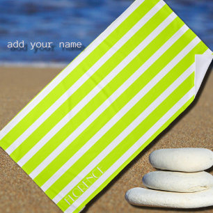 electric lime& white  cabana stripes  personalised beach towel