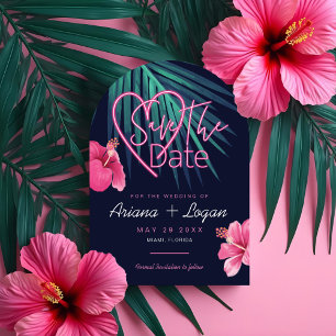 Electric Love Neon Pink Floral & Tropical Retro Save The Date