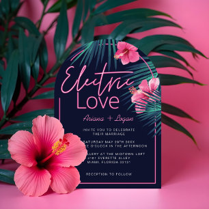 Electric Love Neon Pink Tropical Retro Wedding Invitation