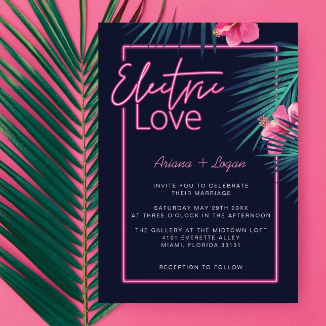 Electric Love Neon Pink Tropical Retro Wedding Invitation (Electric Love Neon Pink Tropical Retro Wedding Invitation)