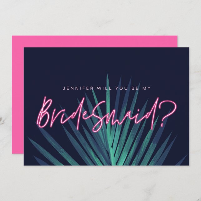 Electric Love Neon Pink Will You Be My Bridesmaid? Invitation (Front/Back)