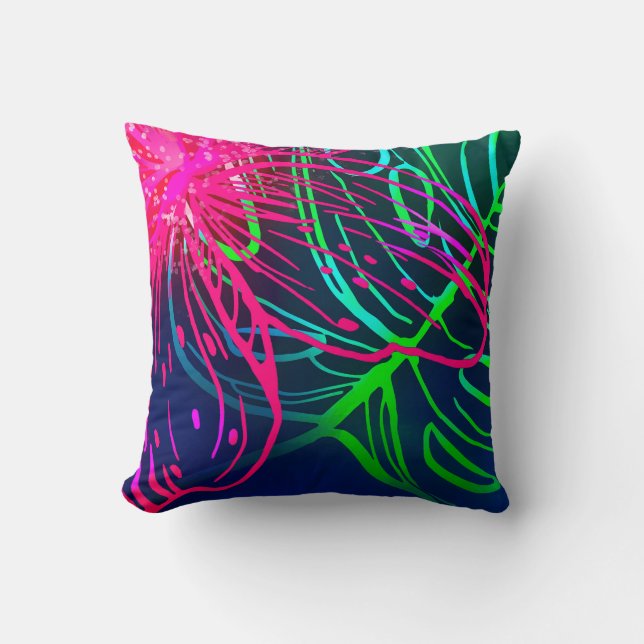 Electric Luau Tropical Night Neon Aloha Cushion (Front)