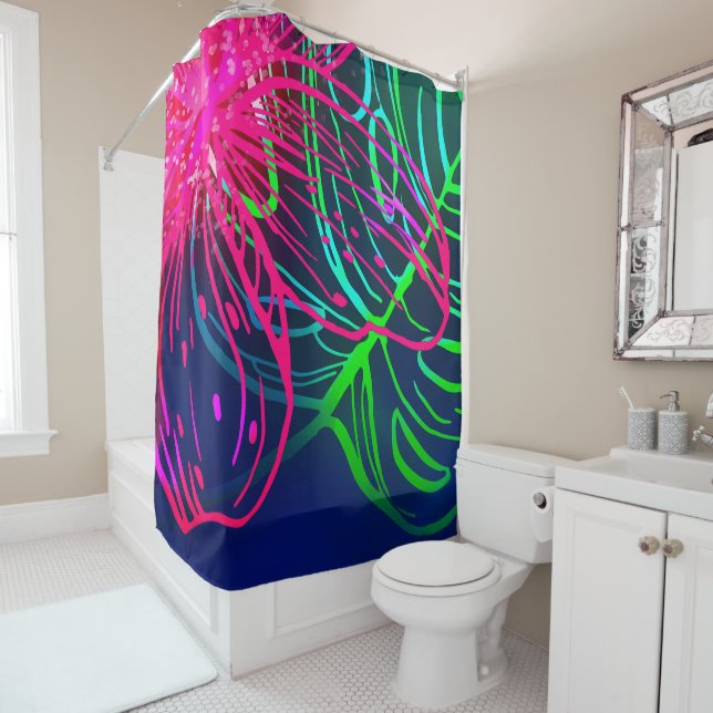 Electric Luau Tropical Night Neon Aloha Shower Curtain (In Situ)