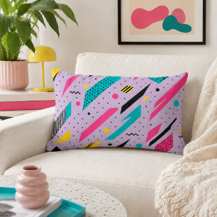 Electric Memphis Slashes Retro Pink Teal Geometric Lumbar Cushion