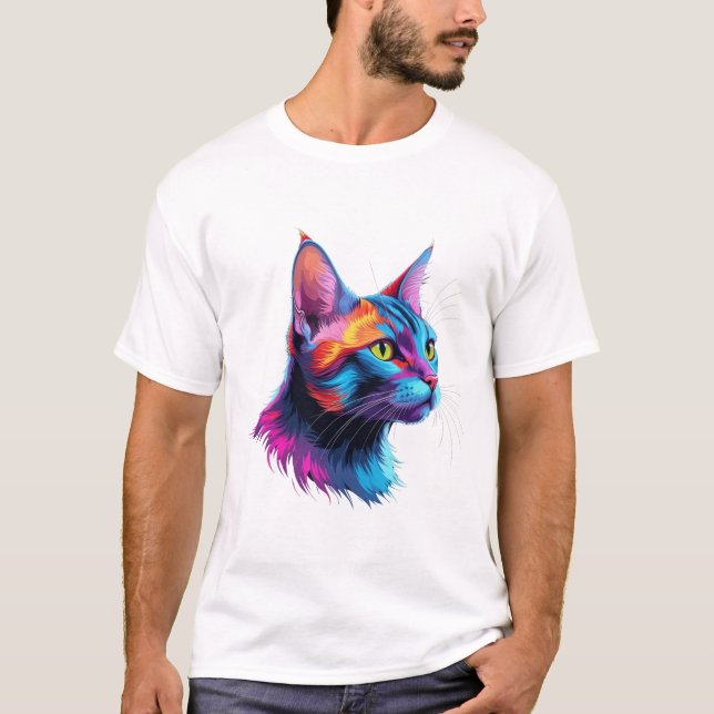 Electric Neon Cat – Artsy Colourful Pet Portrait T-Shirt (Front)