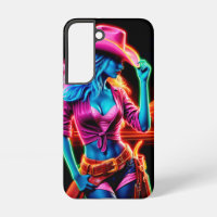 Electric neon farm girl in pink hat under night